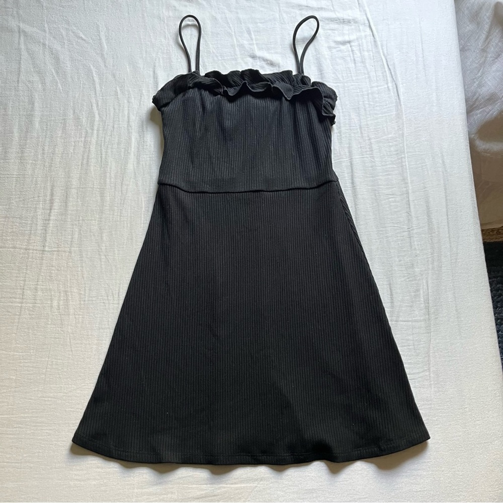 Reformation black rib knit ruffle‎ sleeveless mini dress
